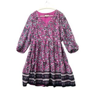 Loft Dress Floral Mini Flowy Tiered Cottage Boho Long Sleeve Women’s Size L NWOT
